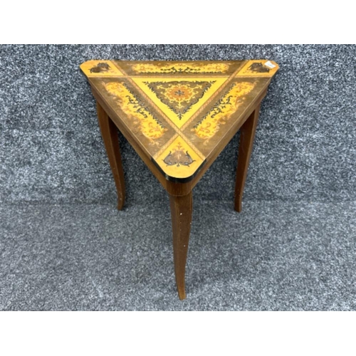 348 - Triangular shaped inlaid sewing table with built in music box - Marquetry “Lador”