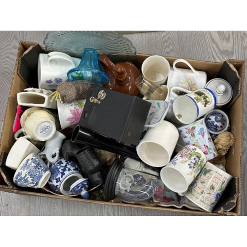 363 - Box of miscellaneous items to including China, camera, crystal owl in dome display & commemorative w... 