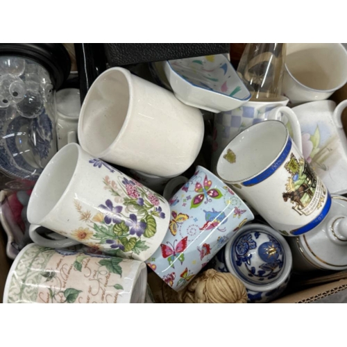 363 - Box of miscellaneous items to including China, camera, crystal owl in dome display & commemorative w... 