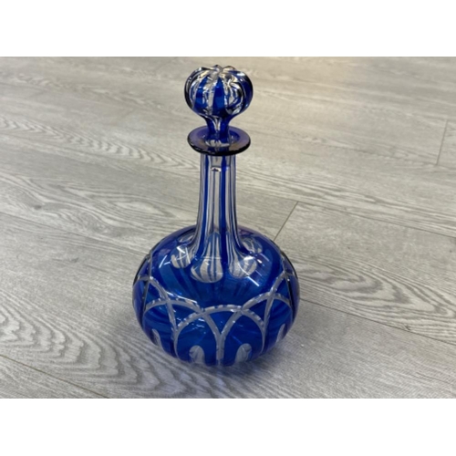 365 - Well cut Cobalt to clear onion shape Bohemian decanter and stopper