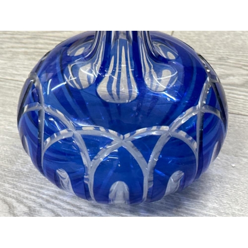 365 - Well cut Cobalt to clear onion shape Bohemian decanter and stopper