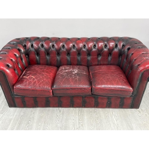 369 - Ox-blood leather metal studded 3 seater chesterfield sofa