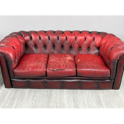 370 - Fitzgerald Delmar red leather 3 seater chesterfield sofa