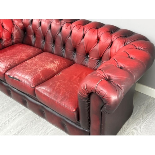 370 - Fitzgerald Delmar red leather 3 seater chesterfield sofa