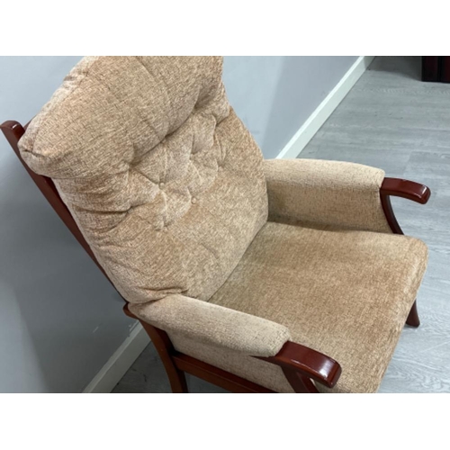 377 - Mahogany framed armchair with brown fabric