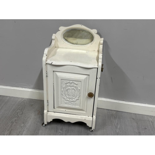 379 - Painted white mirrored back pot cupboard with twin handles