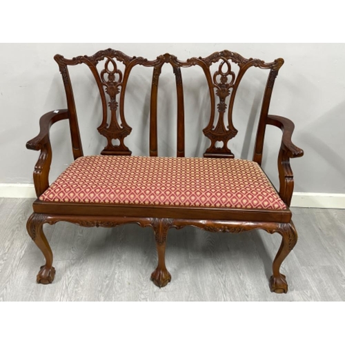 393 - Reproduction Chippendale style mahogany 2 seater couch with claw & ball feet