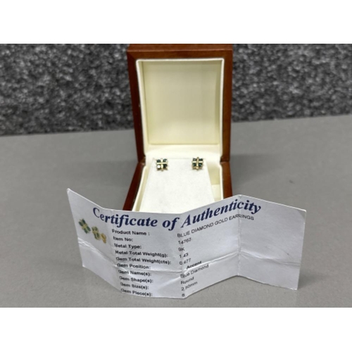 45 - 9ct gold blue diamond stud earrings with certificate, 1.5g