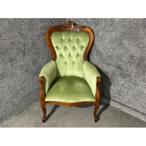 48 - Victorian metal studded mahogany framed spoon back armchair (green buttoned back fabric)