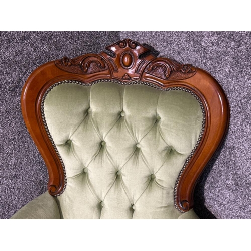 48 - Victorian metal studded mahogany framed spoon back armchair (green buttoned back fabric)