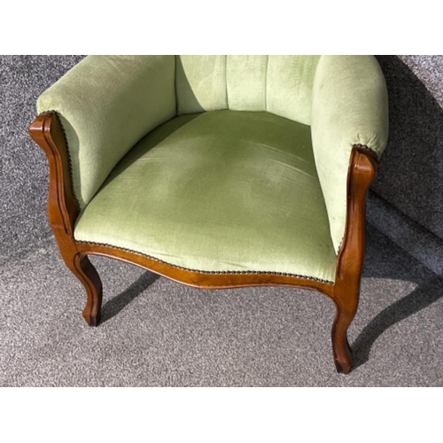 48 - Victorian metal studded mahogany framed spoon back armchair (green buttoned back fabric)