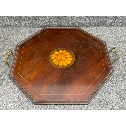 49 - Edwardian inlaid mahogany octagonal shaped serving tray with twin brass handles - 49x52cm