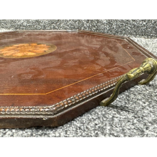 49 - Edwardian inlaid mahogany octagonal shaped serving tray with twin brass handles - 49x52cm