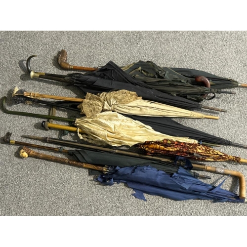 53 - Total of 10 vintage (some older) parasol/umbrellas, some with silver & gold plated rings, various ca... 