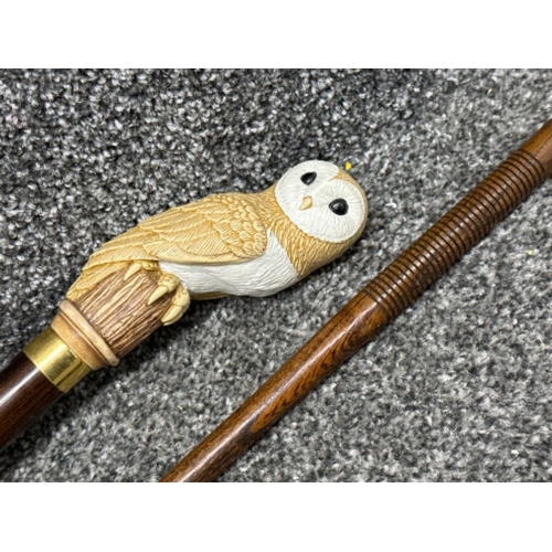 54 - Vintage owl handle walking stick together with an Antique firearm maintenance cleaning rod