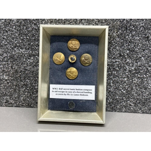 78 - Framed 5 piece military button presentation- features the WWII RAF Secret tunic button compass to ai... 