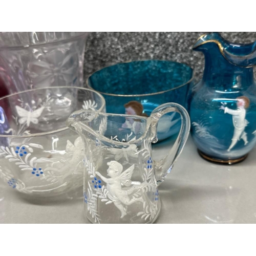 86 - 4x pieces of Mary Gregory glass ware (2x clear & 2x blue) together with Caithness decanter & cranber... 