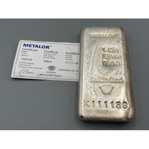 16 - 1 kilo silver bar with Metalor certificate