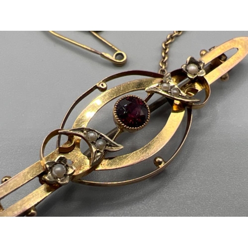 58 - Ladies Antique 9ct yellow gold Seed Pearl and Ruby brooch with chain weighing 2.65 grams gross in bo... 