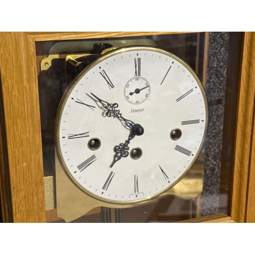 13 - Light oak framed German Kieninger wall clock with key & pendulum- Height 90cm