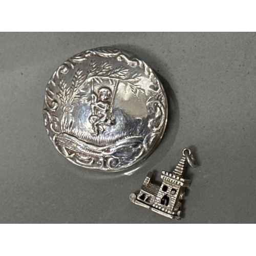 28 - Decorated silver small trinket box (by CME Jewellery LTD) and silver church charm