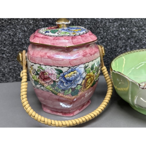 42 - 2x pieces of Maling Lustre “Peony Rose” - large green bowl & pink lidded basket