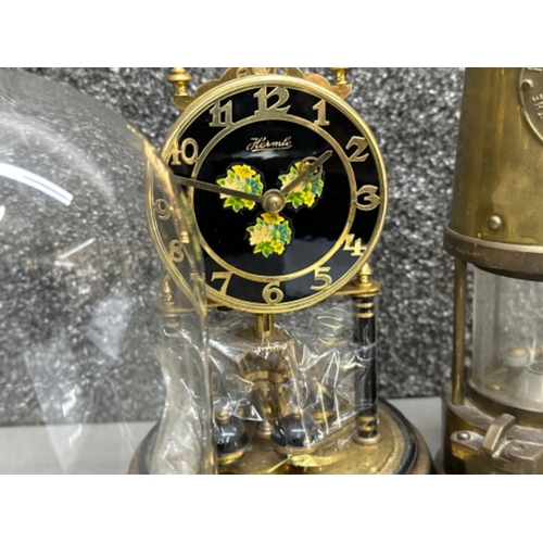 44 - Eccles type 6 brass Miners lamp together with vintage glass dome anniversary clock (damage to dome)