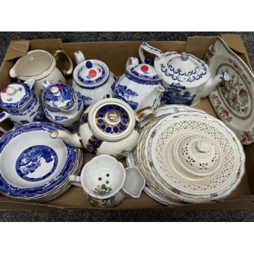 74 - Mixed box lot (mainly Ringtons ware) also includes Indian tree plate, Jams Kent shaving mug etc