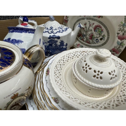 74 - Mixed box lot (mainly Ringtons ware) also includes Indian tree plate, Jams Kent shaving mug etc