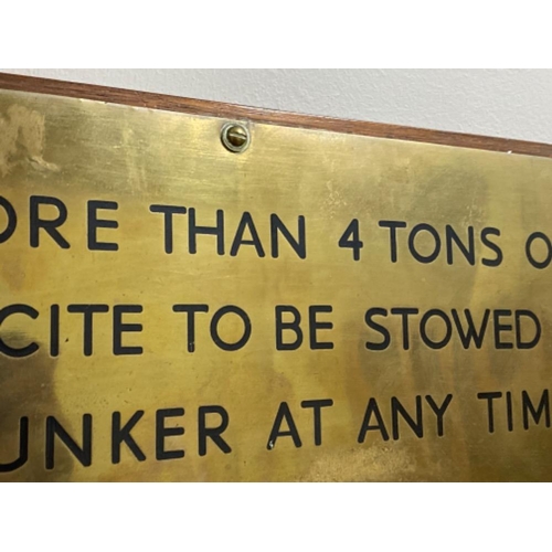 319 - Antique brass sign on wooden base from the Zetland “Not more then 4 tons of anthracite to be stowed ... 