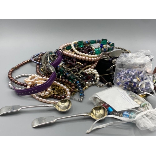 332 - Large lot of costume jewellery and watches also includes 2 silver plated spoons