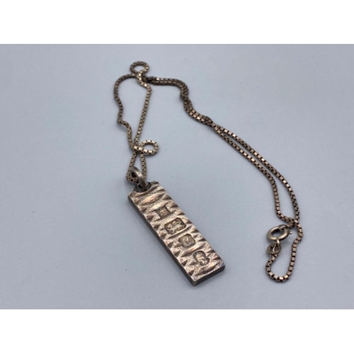 336 - Hallmarked silver chain and block pendant, 21g 46cm