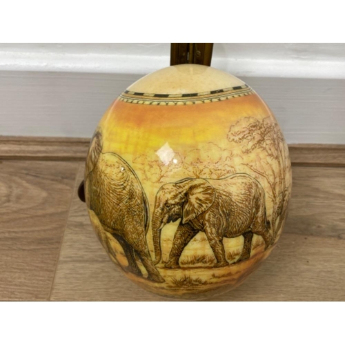 112 - Fine art, Hand Painted Ostrich egg with African elephant heard decoration