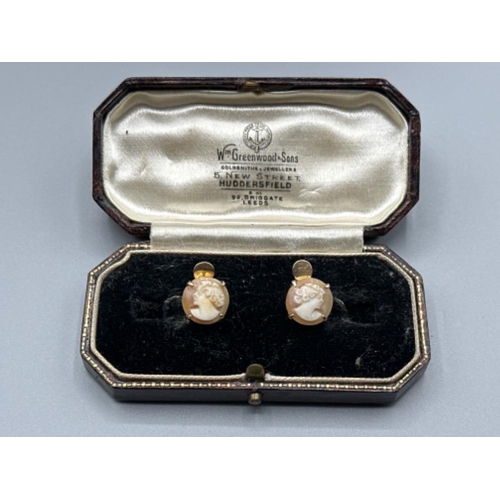 114 - Pair of 9ct yellow gold cameo clip on earrings 2g gross, together with a yellow metal framed vintage... 