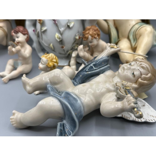 127 - Group lot of Cherub themed ornaments, includes three miniature Capodimonte, porcelain Mirete wall ha... 