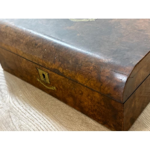 133 - Antique walnut writing box with brass inlay, inscribed Jan 1st 1877, 28x22.5cm