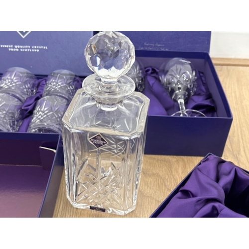 135 - 3 boxed Edinburgh crystal sets to include, 6 whisky tumblers, pair of large wine glasses & Decanter ... 