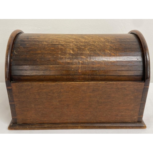 149 - Antique oak roll top desk box - 32cm x 20cm x 22.5cm