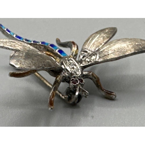 177 - Silver Dragonfly brooch, with enamelled tail & Marcasite body (centre) - red stones (possibly garnet... 