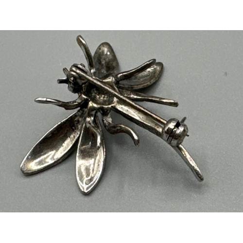 177 - Silver Dragonfly brooch, with enamelled tail & Marcasite body (centre) - red stones (possibly garnet... 