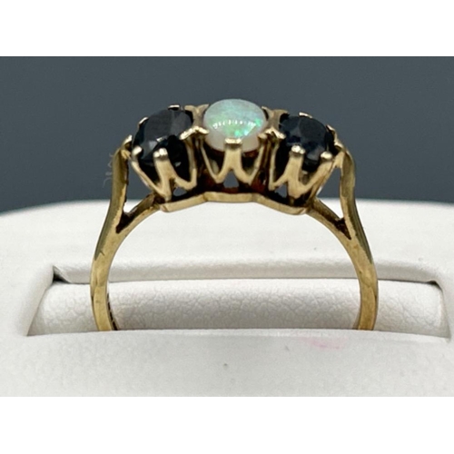 18 - Ladies 9ct gold 3 stone Opal and sapphire ring, size L and 1.37g