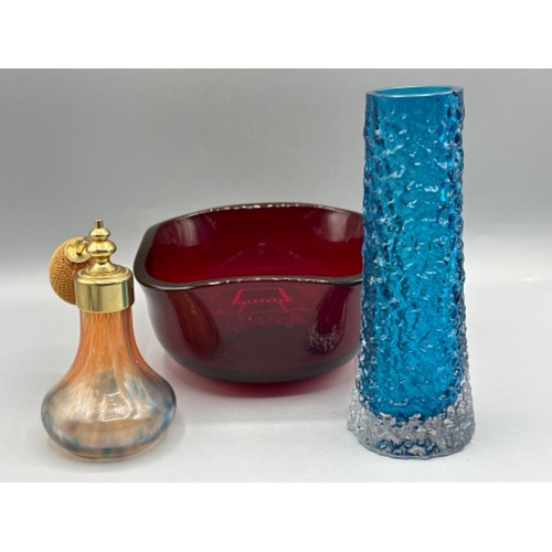 181 - Textured turquoise coloured Whitefriars vase together with a Jack in the pulpit vase, vintage perfum... 