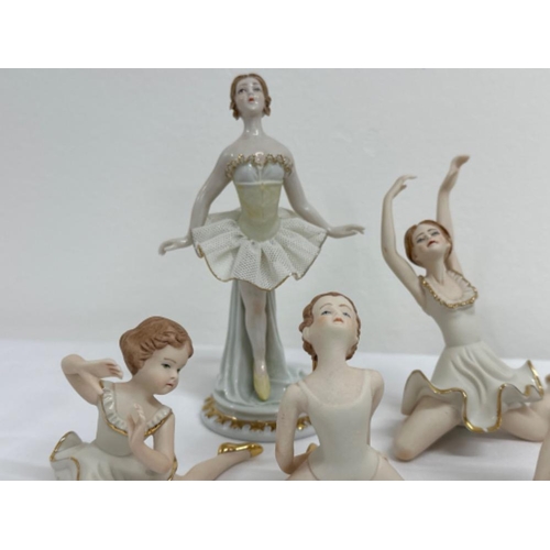 200 - Seven Campoly Porcelain Bisque Ballerina figurine ornaments