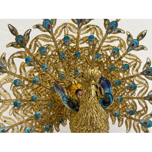 206 - Chinese Cloisonné enamel beautiful golden Peacock on wood base - Height 18cm x Widtj 17cm