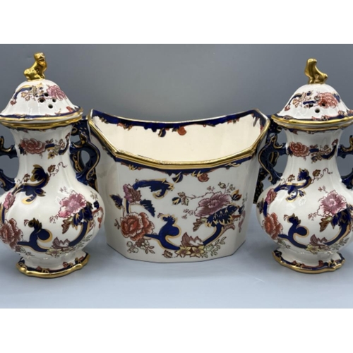 214 - Pair of Masons “Blue Mandalay” pattern twin handled lidded vases together with a Masons “Mandalay” i... 