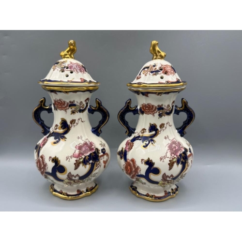 214 - Pair of Masons “Blue Mandalay” pattern twin handled lidded vases together with a Masons “Mandalay” i... 