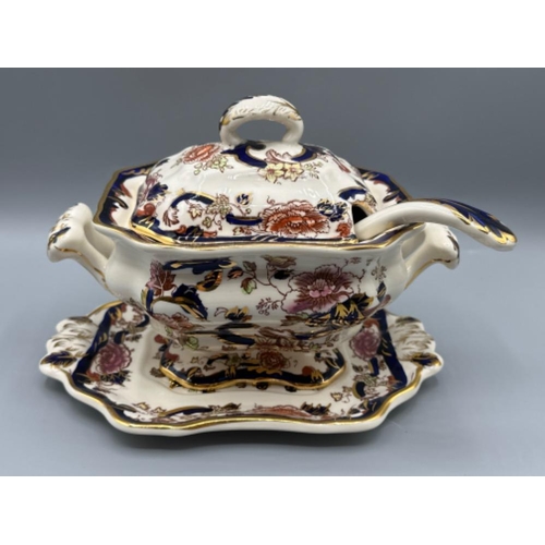 216 - Masons ironstone “Mandalay pattern” twin handled lidded gravy sauce tureen on stand with ladle