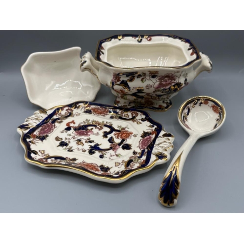 216 - Masons ironstone “Mandalay pattern” twin handled lidded gravy sauce tureen on stand with ladle