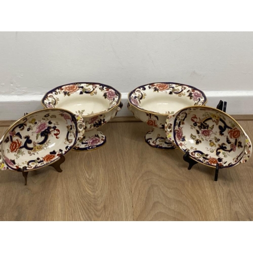 221 - Pair of mason’s ironstone mandalay pattern oval shaped serving dishes and a pair of pekin bowls