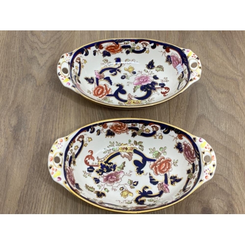 221 - Pair of mason’s ironstone mandalay pattern oval shaped serving dishes and a pair of pekin bowls